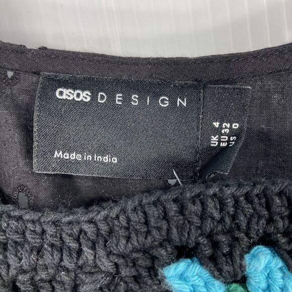 NWT Asos Black Mini Dress Granny Square Crochet Bodice Puff Sleeve Womens 0‎ - Picture 6 of 11